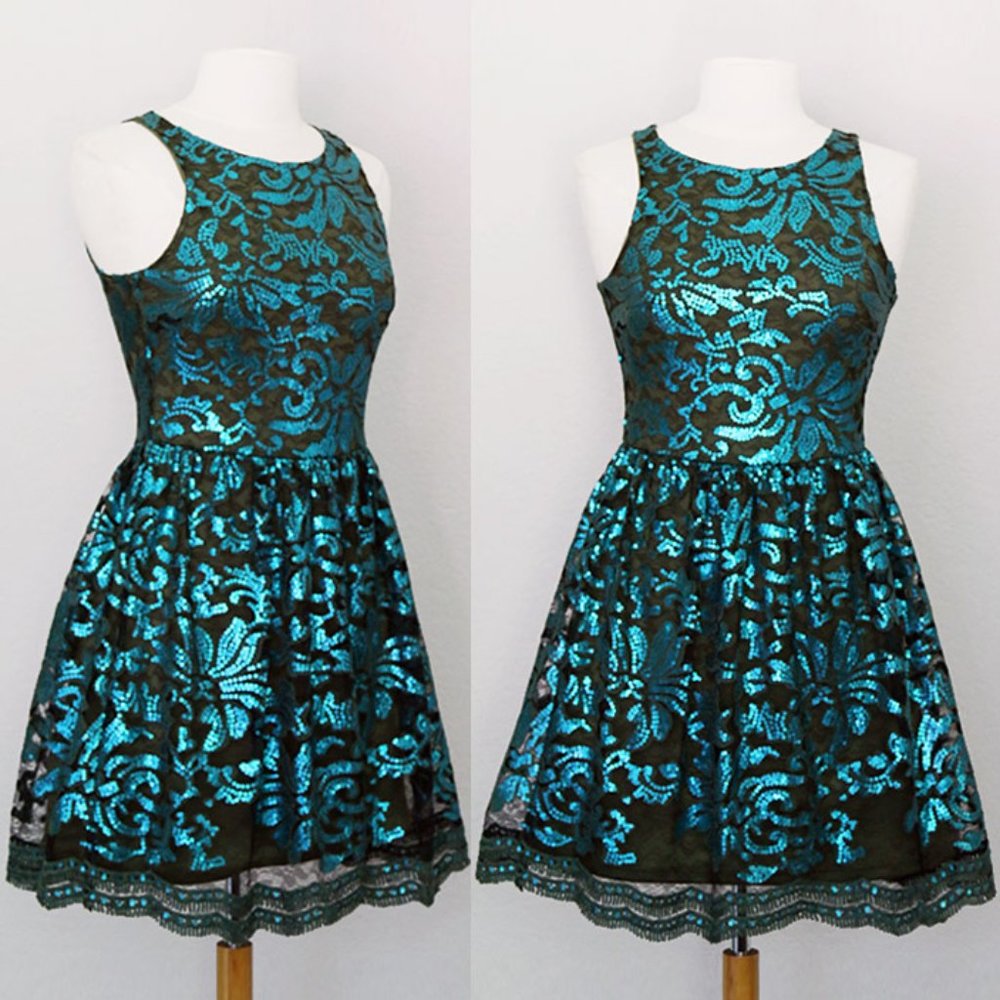 Teal Olive Green Sequin Crochet Scallop Lace Dress - Picture 2 of 8